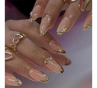 Yumibixuve Ongles press-on amande French tip lignes dorées 3D | Ongles artificiels à coller avec accents floraux, ongles réutilisables élégants à coller pour mariage, fête