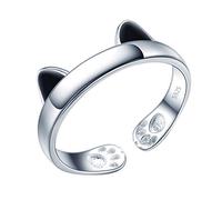 Yumilok Anneau en Argent 925 Bague Réglable Chat Mignon pour Femme et Fille Fiançailles, Noël et Anniversaire