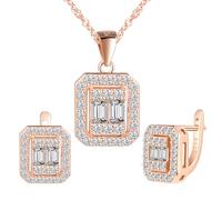 Yumilok Argent Sterling 925 brillant carré zircone cristal pendentif collier, boucles d'oreilles pour les femmes bijoux set, or rose