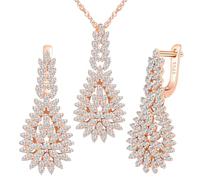 Yumilok Argent Sterling 925 brillant feuille goutte pendentif Zircon collier femmes boucles d'oreilles Bijoux set or rose