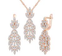 Yumilok Argent Sterling 925 Glitter Leaf gland Zircon pendentif collier femmes boucles d'oreilles Bijoux set or rose