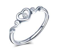 Yumilok Bague en argent 925, bague réglable femme fille, anneau de fiançailles ouvert, bague cœur de mariage, zircon incrusté, taille ajustable, pour Noël et Anniversaire