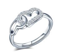 Yumilok Bague en Argent 925 Réglable pour Femme et Fille - Anneau de Fiançailles Ouvert, Cœur Double avec Zircon Incrusté - Taille Ajustable pour Noël et Anniversaire
