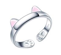 Yumilok Bague Réglable de Chat Mignon Argent 925 Anneau de Fiançailles Ouvert pour Noël et Anniversaire