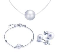 Yumilok Bijoux ensemble de perle parures pour femme fille collier court en fil nylon transparent et bracelet et boucle d'oreille en argent 925