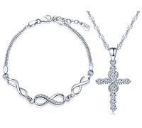 Yumilok Bijoux ensemble pour femme fille collier et bracelet en argent 925 orné zircon la croix classique et le symbole d'infini parures