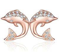 Yumilok Boucle/clou d'oreille animal en argent 925 pour femme le dauphin orné l'acorite élégante or rose