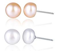 Yumilok Boucle/clou d'oreille de perle d'eau douce en argent 925 pur pour femme fille la forme élégante deux pairs en blanc et rose