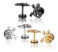 Yumilok Boucle/clou d'oreille en acier inoxydable pour homme la forme singulière le lézard aimable trois pairs en couleur de noir d'argent d'or