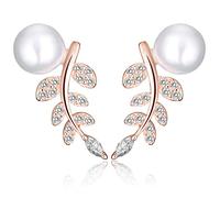 Yumilok Boucle/clou d'oreille en argent 925 et perle 6mm pour femme la feuille élégante orné l'acorite or rose