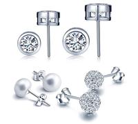 Yumilok Boucle d'oreille de perle pour femme fille clou et Puces en argent 925 orné zircon(4 paires différents)