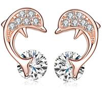 Yumilok Boucle d'oreille en argent 925 clou et puce femme fille en forme dauphin orné zircon brillant cadeau d'anniversaire