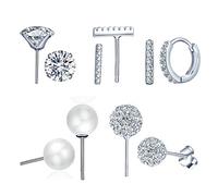 Yumilok Boucles d'oreilles de perle femme en argent 925, Clous d'oreilles diamanté, Créoles incrusté strass brillants, Cadeau Anniversaire Noël(5 paires au total)