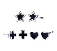 Yumilok Boucles d'oreilles femme en argent sterling 925, Clous d'oreilles étoiles agate noire, clous d'oreille cœur croix, Cadeau Anniversaire Noël (3 paires au total)