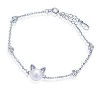 Yumilok Bracelet extensible femme en argent 925 zirconium et perle la forme du chat et cercle brillant la chaîne de maillon est élégante