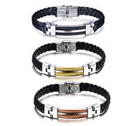 Yumilok Bracelet pour Homme en Acier Inoxydable et Cuir tressé Noir à la Mode Trois pièces Noir Or et Orange