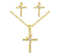 Yumilok Collier croix femme, boucles d'oreilles croix et rose, ensemble de bijoux en argent 925, collier clou d'oreille croix et rose, zircon incrusté, collier boucle d'oreille femme fille, or