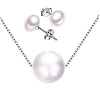 Yumilok Collier de Perles d'eau Douce, Argent 925, Collier Ras du Cou, Pendentif et Boucles d'oreilles pour Fille et Femme - Ensemble de Bijoux