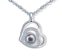 Yumilok Collier en argent 925 pour femme, Pendentif cœur incrusté de pierre de verre et de zircon, "Je t'aime" en 100 langues, Cadeau de saint-valentin et la fête des mères