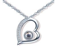 Yumilok Collier en argent 925 pour femme, Pendentif cœur incrusté de pierre de verre, "Je t'aime" en 100 langues, Cadeau de saint-valentin et la fête des mères