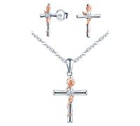 Yumilok Collier et Boucles d'oreilles de croix pour femmes filles, Parures bijoux en argent 925, collier pendentif croix,clous d'oreilles croix, Croix argent incrustée de fleur rose, zircon brillant