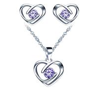 Yumilok Collier et Boucles d'oreilles de zircon pour femmes et filles, Bijoux parures en argent 925, Collier pendentif cœur élégant, avec chaîne Singapour, Clou d'oreille cœur brillant, violet