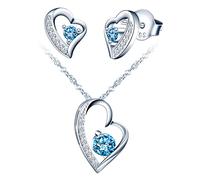 Yumilok Collier et Boucles d'oreilles de zircon pour femmes et filles, Bijoux parures en argent 925, Collier pendentif cœur irrégulier élégant, Clou d'oreille cœur irrégulier brillant, bleu