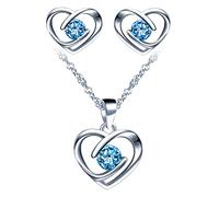 Yumilok Collier et Boucles d'oreilles de zircon pour femmes et filles, Bijoux parures en argent 925, Collier pendentif cœur élégant, avec chaîne Singapour, Clou d'oreille cœur brillant, bleu
