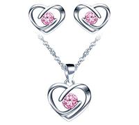 Yumilok Collier et Boucles d'oreilles de zircon pour femmes et filles, Bijoux parures en argent 925, Collier pendentif cœur élégant, avec chaîne Singapour, Clou d'oreille cœur brillant, rose