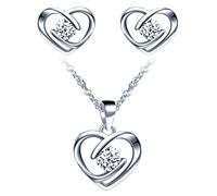 Yumilok Collier et Boucles d'oreilles de zircon pour femmes et filles, Bijoux parures en argent 925, Collier pendentif cœur élégant, avec chaîne Singapour, Clou d'oreille cœur brillant, argent