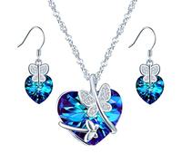 Yumilok Collier et Boucles d'oreilles en Cristal Bleu pour Femme Fille, Bijoux Parures en Argent 925, Cœur avec Papillon Mignon, Zircon