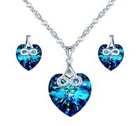 Yumilok Collier et Boucles d'Oreilles en Cristal Bleu pour Femme Fille - Bijoux Parures en Argent 925, Cœur avec Mini Symbole de l'Infini