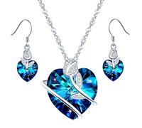 Yumilok Collier et Boucles d'Oreilles en Cristal pour Femme et Fille - Bijoux Parures en Argent 925, Cœur Bleu avec Rose Fleur et Zircon