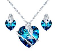 Yumilok Collier et Boucles d'oreilles en cristal pour femme fille, Bijoux Parures en Argent 925, Collier cœur cristal bleu, Clous d'oreilles cœur cristal bleu, décorer avec rose fleur, zircon