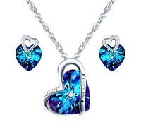 Yumilok Collier et Boucles d'oreilles en cristal pour femme fille, Bijoux Parures en Argent 925, Collier cœur cristal bleu, Clous d'oreilles cœur cristal bleu, zircon incrusté