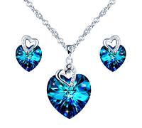 Yumilok Collier et Boucles d'oreilles en cristal pour femme fille, Bijoux Parures en Argent 925, Collier cœur cristal bleu, Clous d'oreilles cœur cristal bleu, décorer mini cœur, zircon incrusté