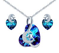Yumilok Collier et Boucles d'oreilles en cristal pour femme fille, Bijoux Parures en Argent 925, Collier cœur cristal bleu, Clous d'oreilles cœur cristal bleu, décorer avec étoile et lune, zircon
