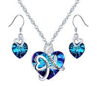 Yumilok Collier et Boucles d'oreilles en cristal pour femme fille, Bijoux Parures en Argent 925, Collier cœur cristal bleu, Boucles d'oreilles cristal bleu, décorer cœur et rose, zircon incrusté