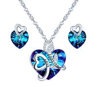 Yumilok Collier et Boucles d'oreilles en cristal pour femme fille, Bijoux Parures en Argent 925, Collier cœur cristal bleu, Clous d'oreilles cristal bleu, décorer cœur et rose, zircon incrusté