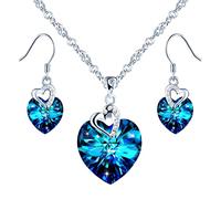 Yumilok Collier et Boucles d'Oreilles en Cristal pour Femme - Parure en Argent 925 avec Cœur Bleu, Zircon Incrusté et Mini Cœur Décoratif