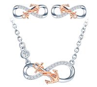 Yumilok Collier et Boucles d'oreilles femmes et filles, Parures bijoux en argent 925, Collier pendentif et clous d'oreilles symbole de l'infini, incrustés d'ancre or rose, bijoux bicolores, zircon