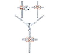 Yumilok Collier et Boucles d'oreilles pour femmes filles, Parures bijoux en argent 925, collier pendentif croix,clous d'oreilles croix, Croix argent incrustée du symbole de l'infini or rose, zircon