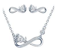 Yumilok Collier et boucles d'oreilles symbole d'infini femme fille, ensemble de bijoux en argent 925, collier et boucle d'oreille symbole d'infini et fleur de rose, zircon incrusté, argent