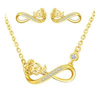 Yumilok Collier et boucles d'oreilles symbole d'infini femme fille, ensemble de bijoux en argent 925, collier et boucle d'oreille symbole d'infini et fleur de rose, zircon incrusté, or