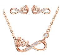 Yumilok Collier et boucles d'oreilles symbole d'infini femme fille, ensemble de bijoux en argent 925, collier et boucle d'oreille symbole d'infini et fleur de rose, zircon incrusté, or rose