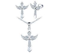 Yumilok collier femme fille, boucles d'oreilles femme, ensemble de bijoux, collier pendentif et boucle d'oreille croix, collier et clou d'oreille en argent 925, collier croix et aile, zircon incrusté