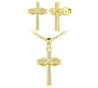 Yumilok collier femme fille, boucles d'oreilles femme, ensemble de bijoux, collier pendentif et boucle d'oreille croix symbole d'infini, collier et clou d'oreille en argent 925, zircon incrusté