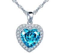 Yumilok Collier femme fille en argent 925, Pendentif Coeur Océan, Collier cœur orné zircon bleu, brillant et élégant, Cadeau de Noël Anniversaire