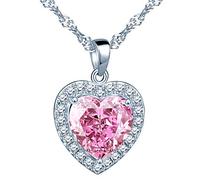 Yumilok Collier femme fille en argent 925, Pendentif Coeur Océan, Collier cœur orné zircon rose, brillant et élégant, Cadeau de Noël Anniversaire