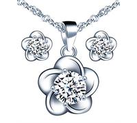 Yumilok Collier fleur en argent 925, Boucles d'oreille incrusté de zircon, bijoux fleur pour femme, Ensembles de bijoux, Cadeau de Noël et de Anniversaire, zircon cubique Argent sterling Pierre